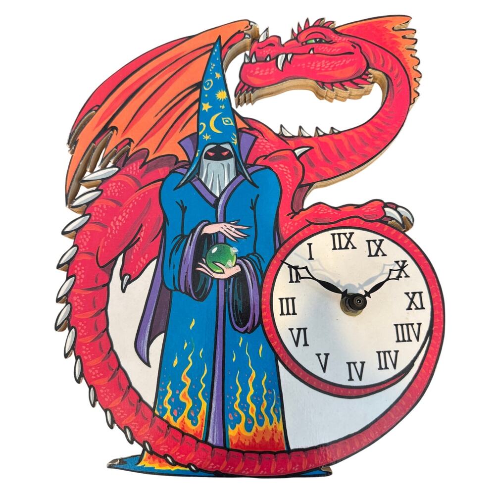 Handmade Woodworked Wizard, Crystal Ball & Dragon Analog Wall Clock